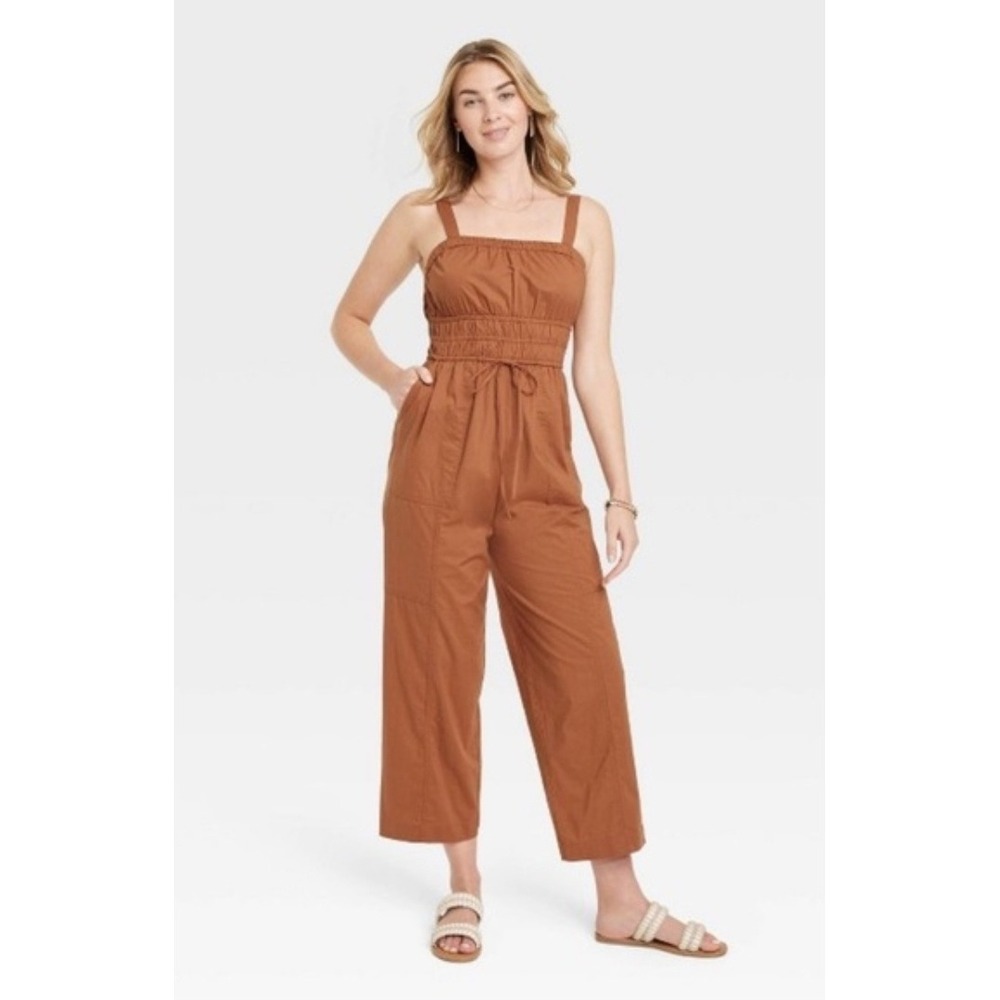 Y2K Clean Girl Cotton Wide Leg Jumpsuit Romper Vacation Resortwear Size S Rust